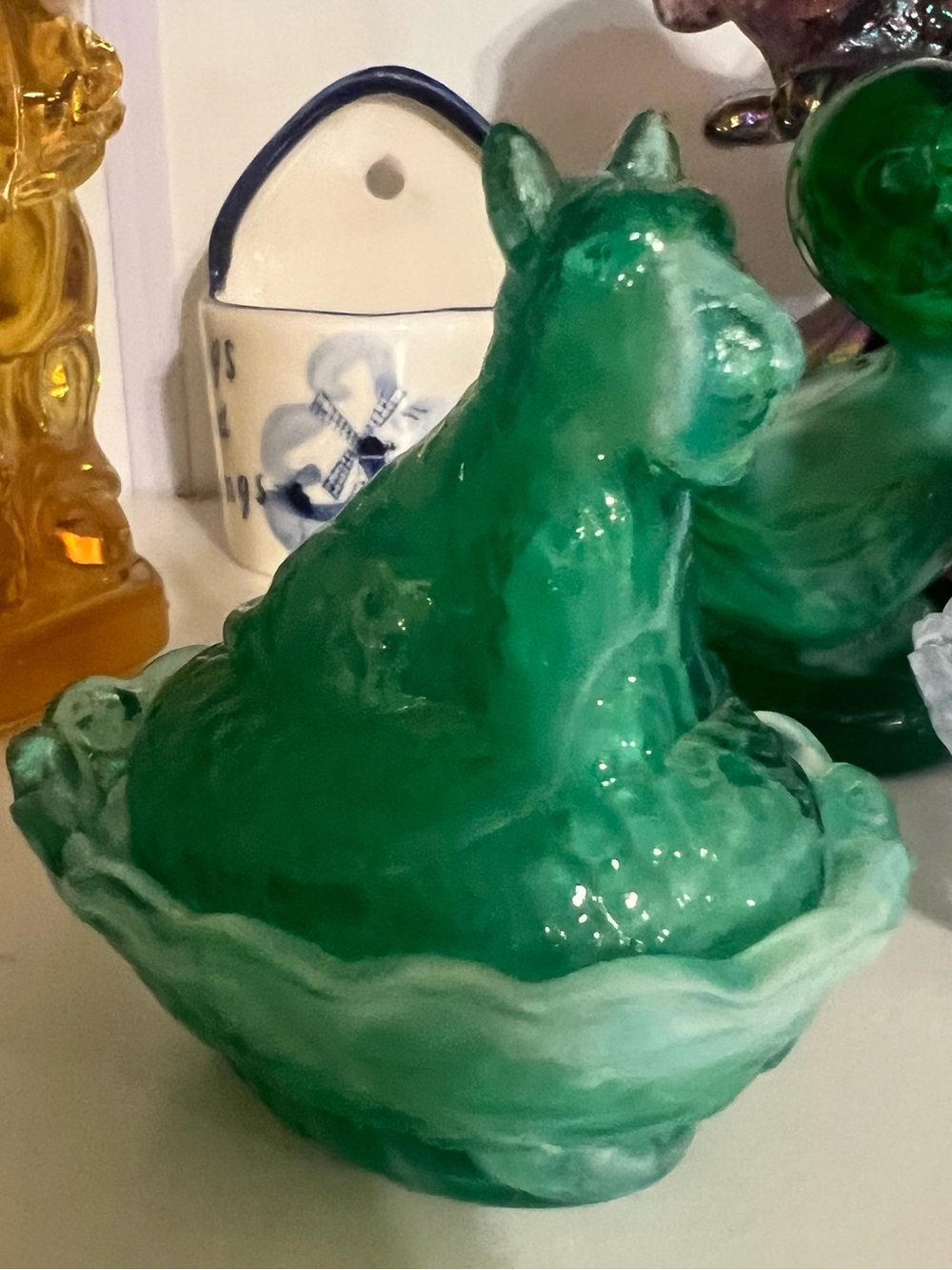 Glossy Emerald Ceramic Hen in Nest Decorative Sculpture